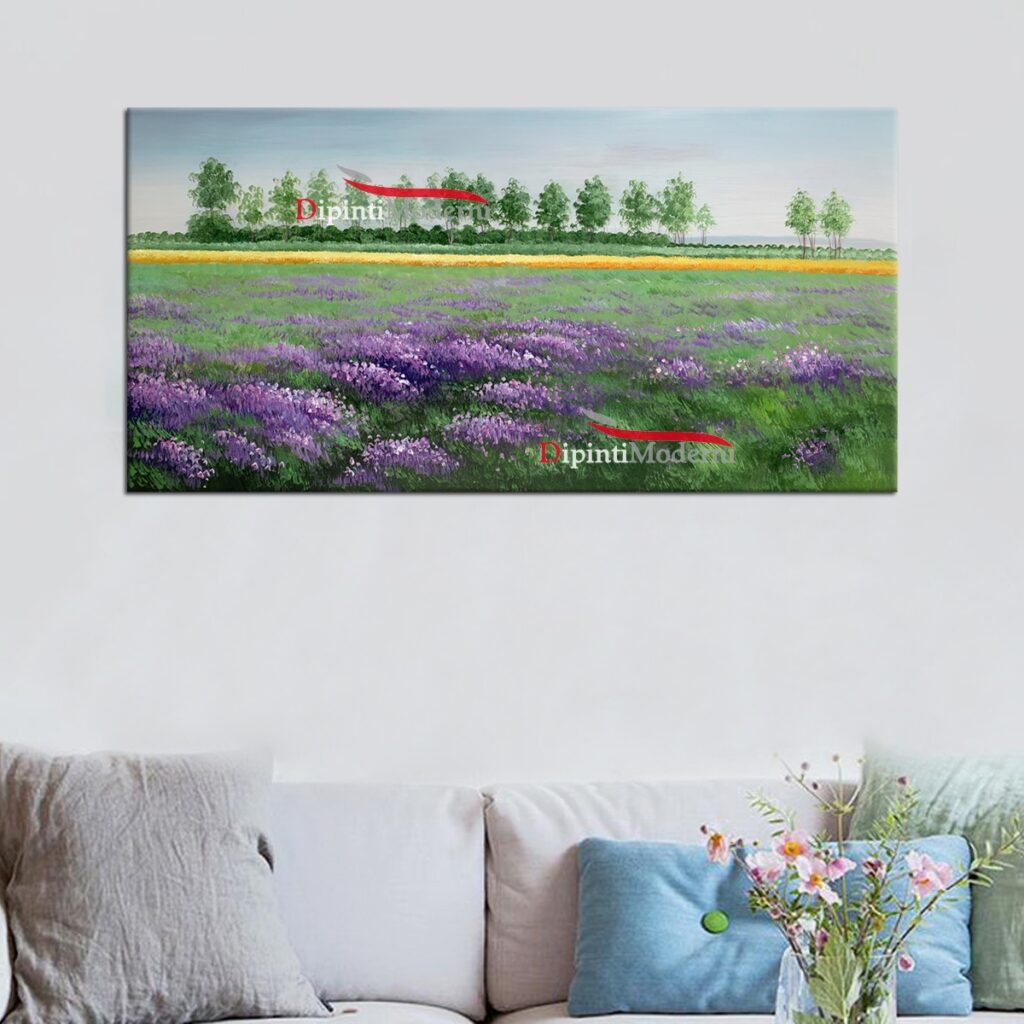 QUADRO MODERNO PAESAGGIO DI CAMPAGNA VERDE E VIOLA